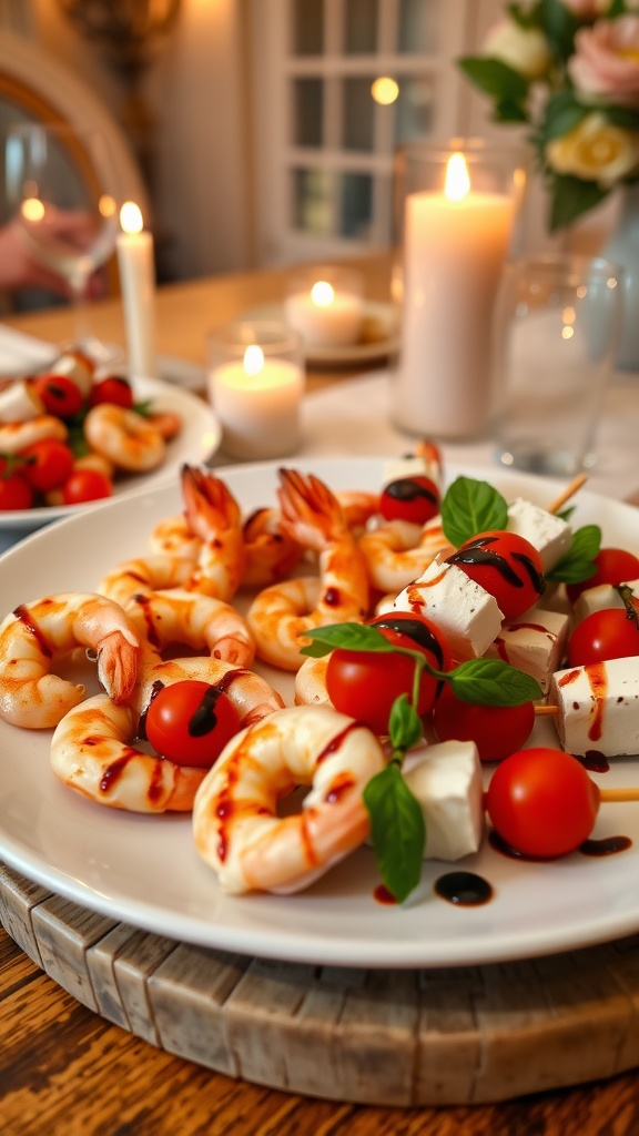 An elegant appetizer platter with shrimp and caprese skewers on a romantic dinner table.